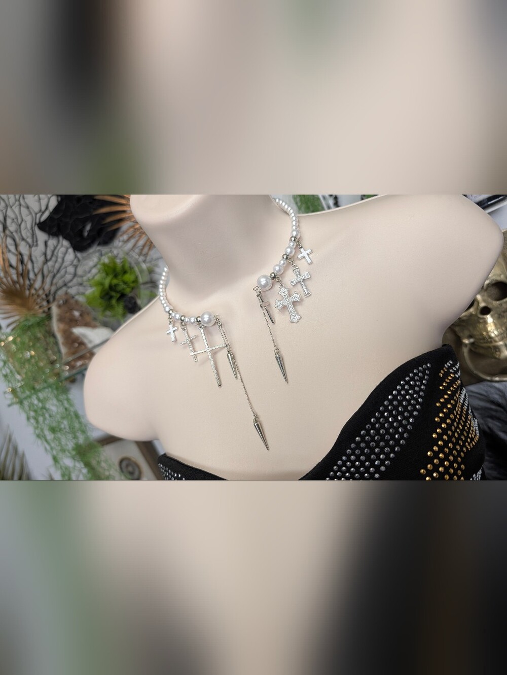 Silver Pearls Rhinestone Cross Choker Necklace